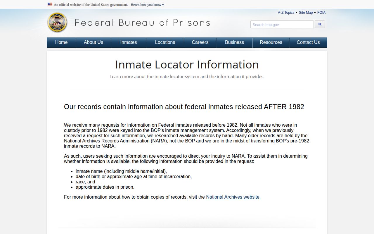 LCDC U.S. Marshals detainee BOP federal release record search